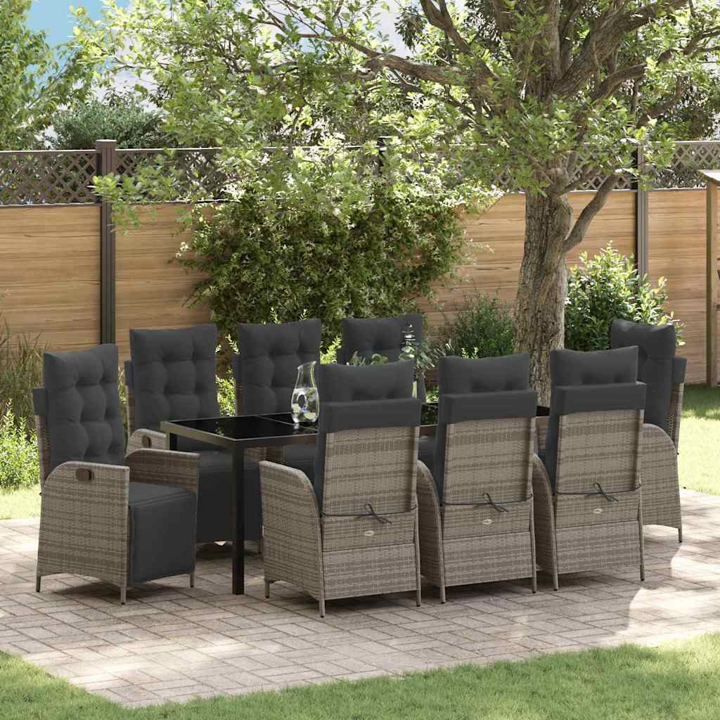 Garden Dining Set with Cushion 9 pcs Grey Poly Rattan