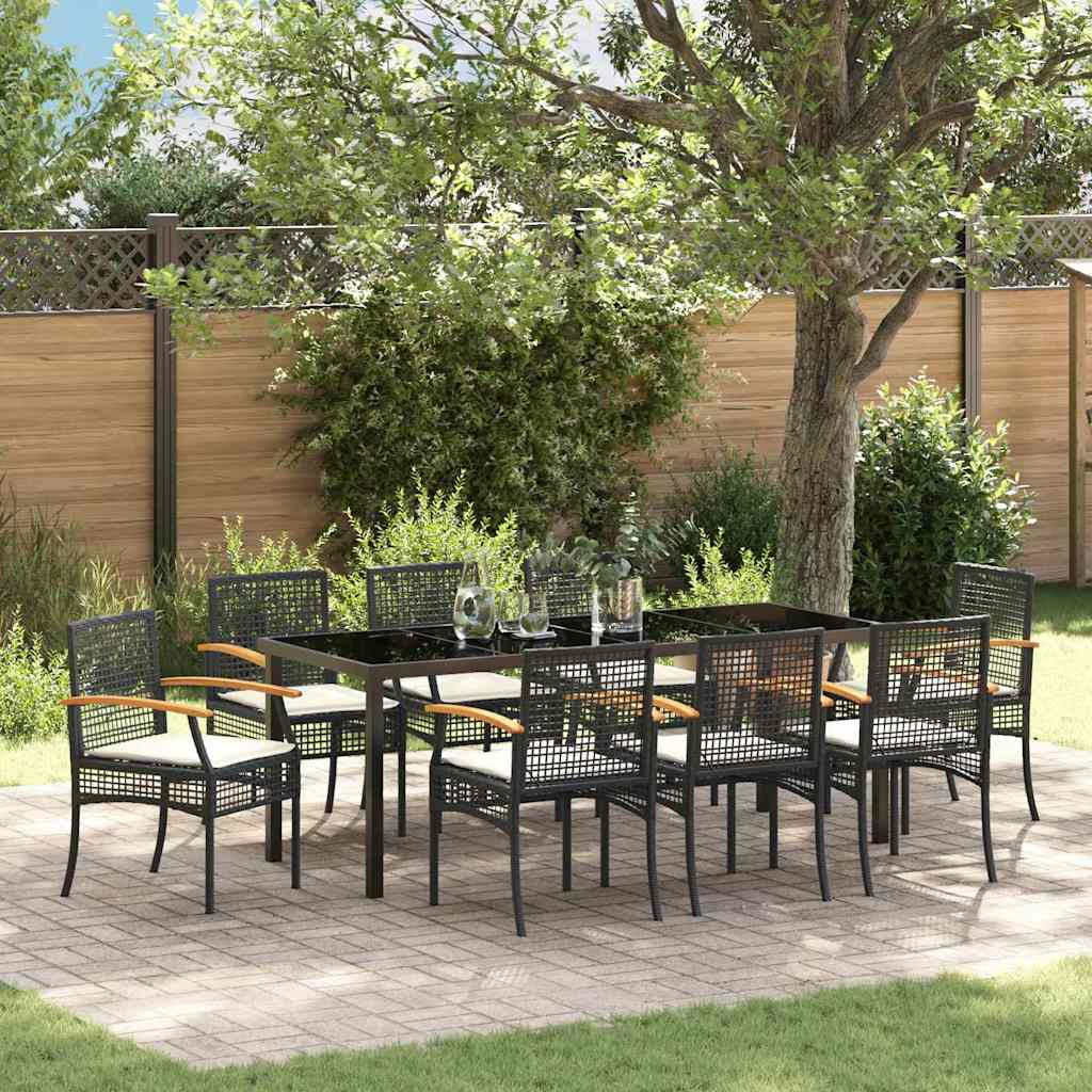 Garden Dining Set with Cushion 9 pcs Black Rattan