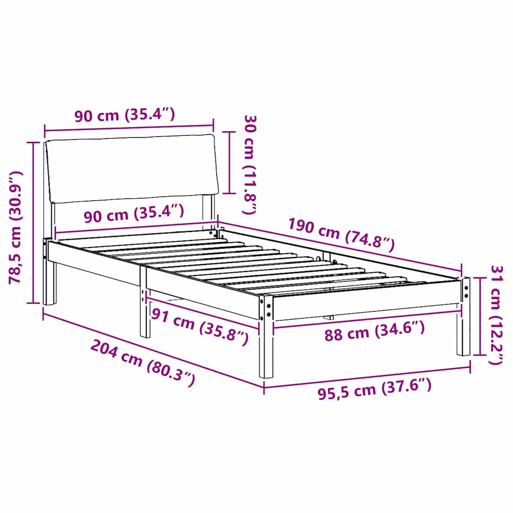Bed frame Brown and dark grey 90 x 190 cm Solid pine wood