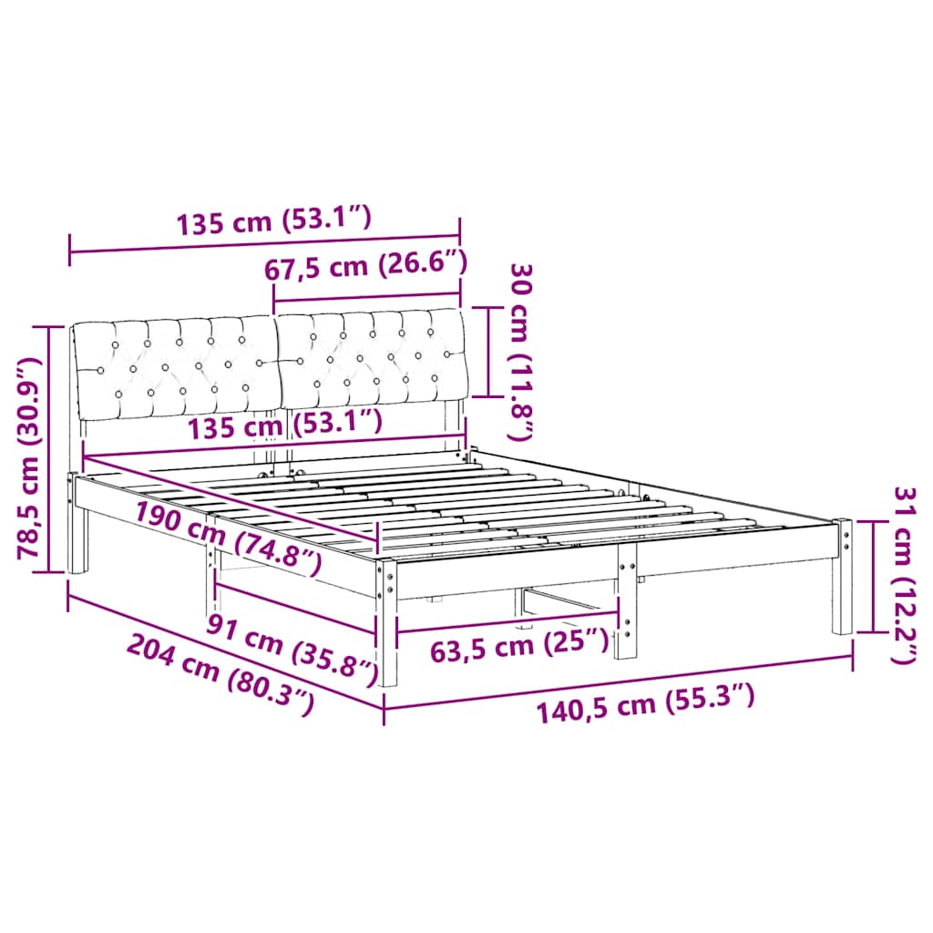 Bed frame Brown and dark grey 135 x 190 cm Solid pine wood