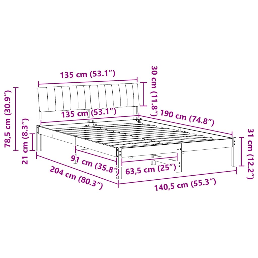 Bed frame Brown and dark grey 135 x 190 cm Solid pine wood