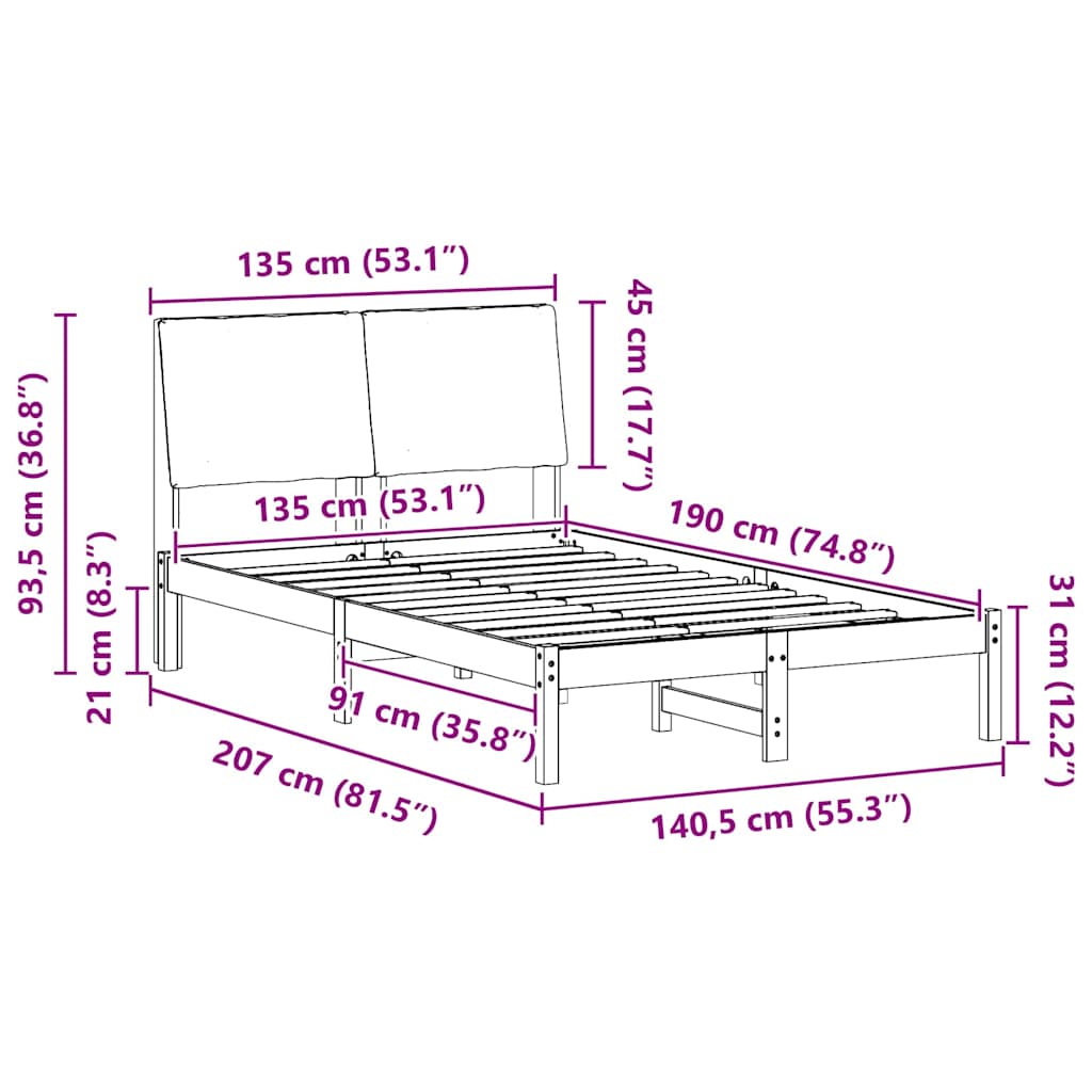 Bed frame Brown and dark grey 135 x 190 cm Solid pine wood