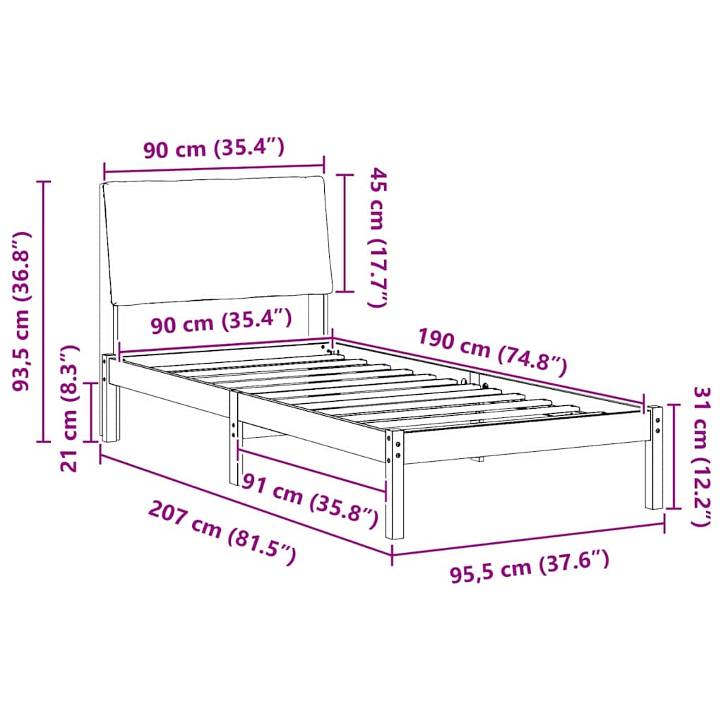 Bed frame Brown and dark grey 90 x 190 cm Solid pine wood
