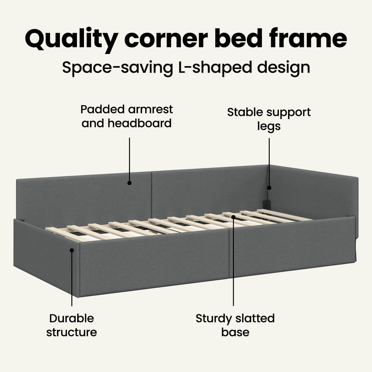 Corner Bed Frame with Headboard Dark Grey 90 cm x 190 cm Fabric
