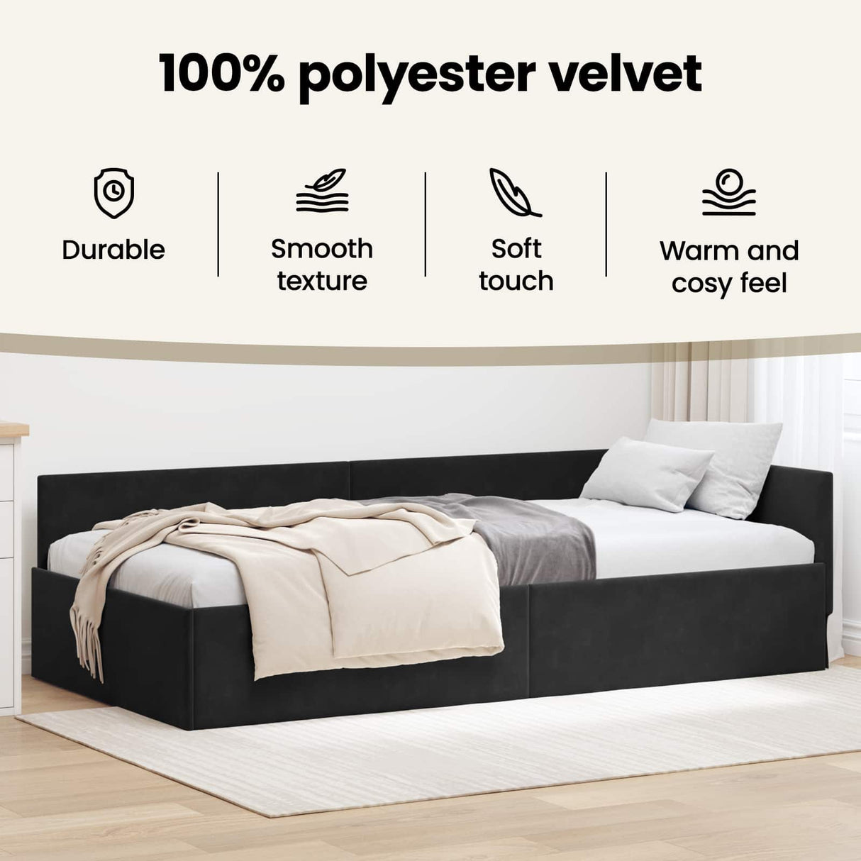 Corner Bed Frame with Headboard Black 90 cm x 190 cm Velvet