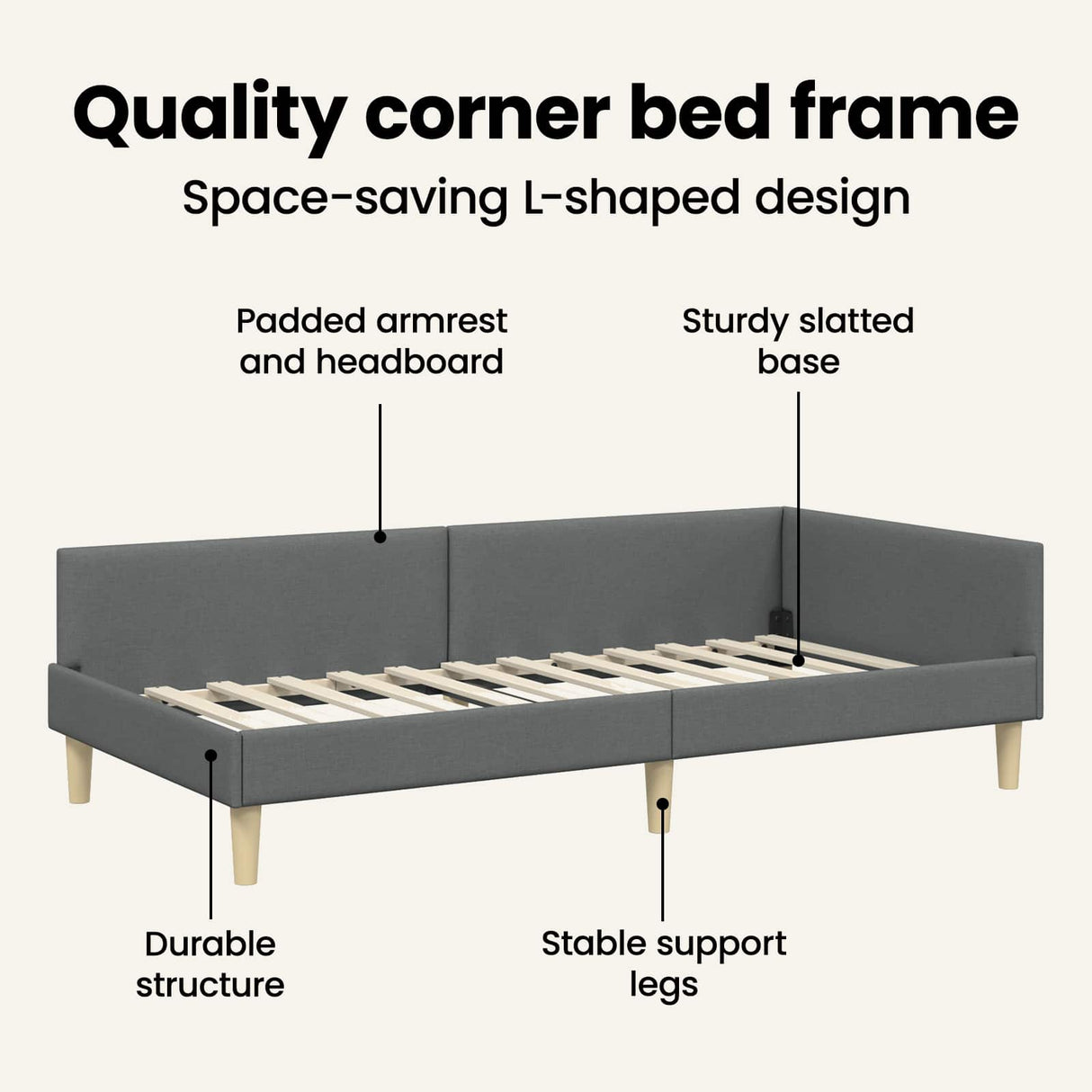 Corner Bed Frame with Headboard Dark Grey 90 x 190 cm Fabric