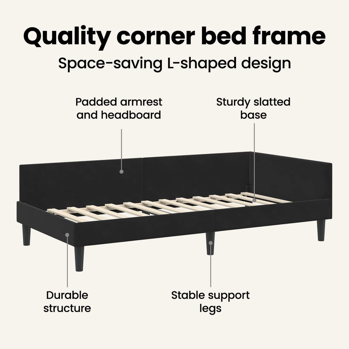 Corner Bed Frame Black 90 cm x 190 cm VelvetandPlywood