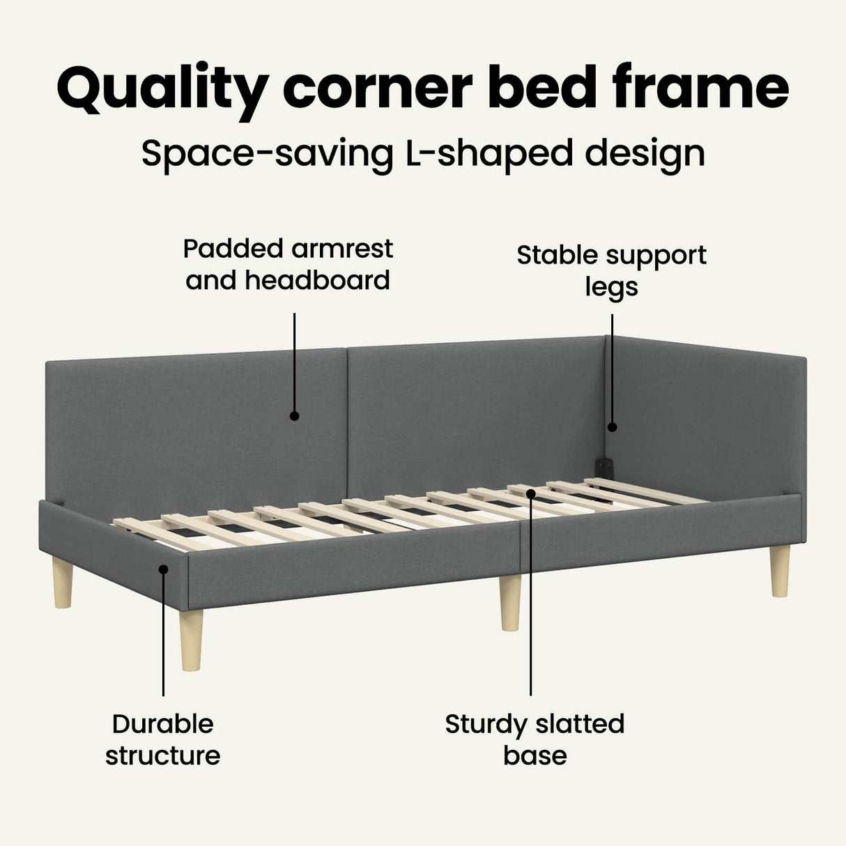 Corner Bed Frame Dark Grey 90 cm x 190 cm Fabric and Plywood
