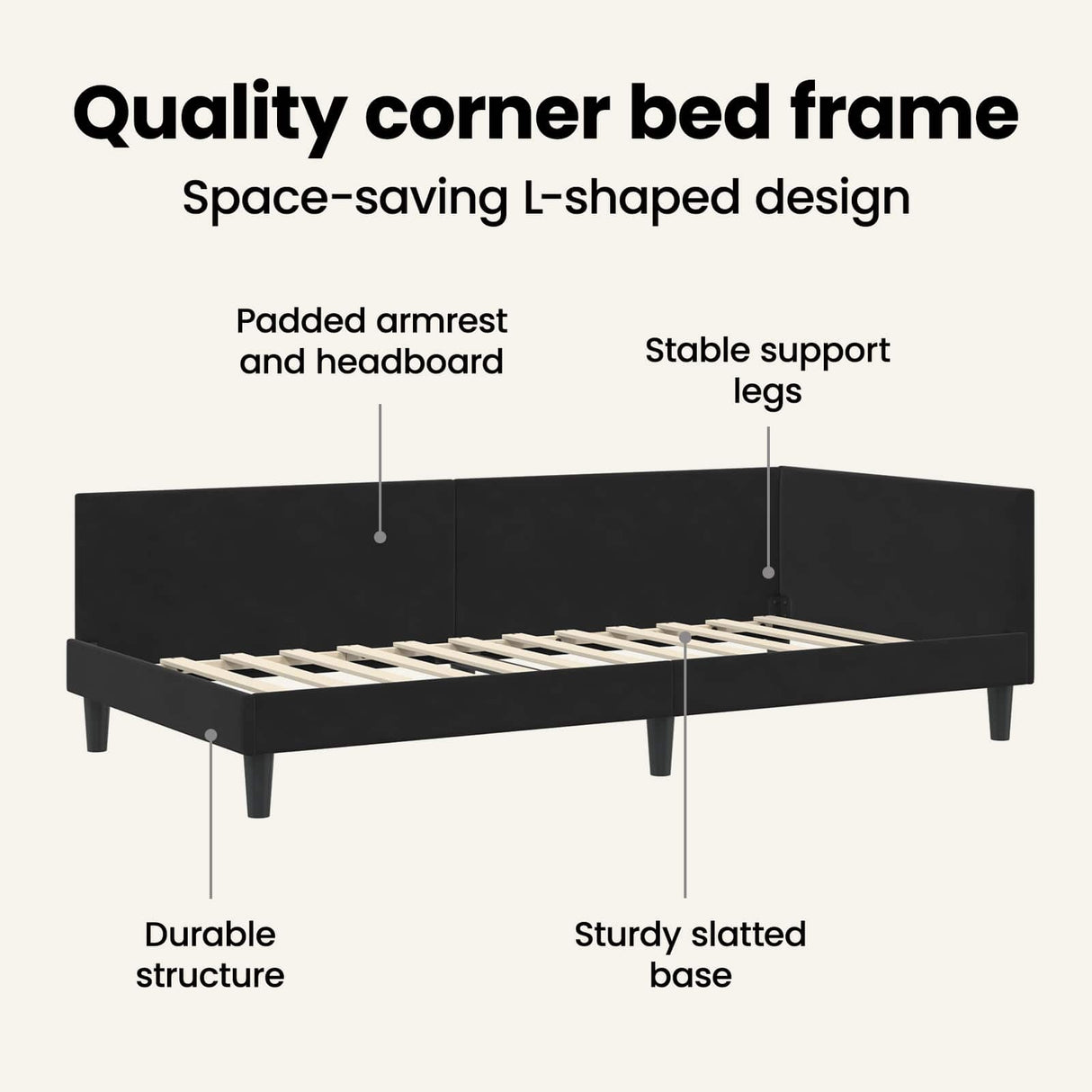 Corner Bed Frame with Headboard Black 90 cm x 190 cm Velvet