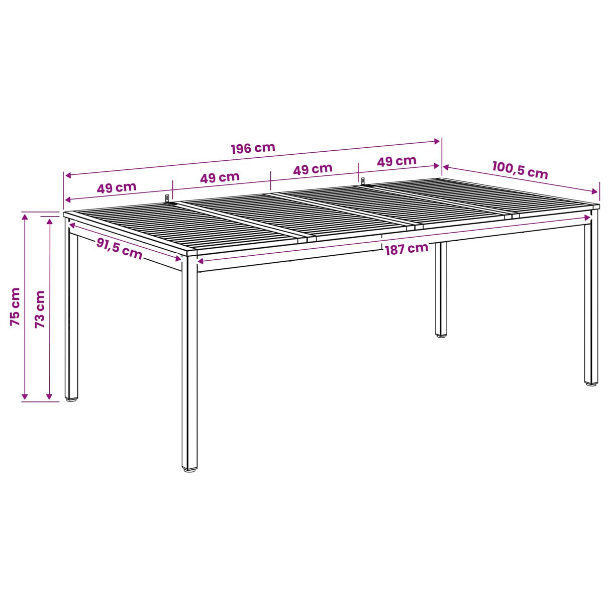 Garden Dinner Table Natural and Black 196 x 100.5 x 75 cm