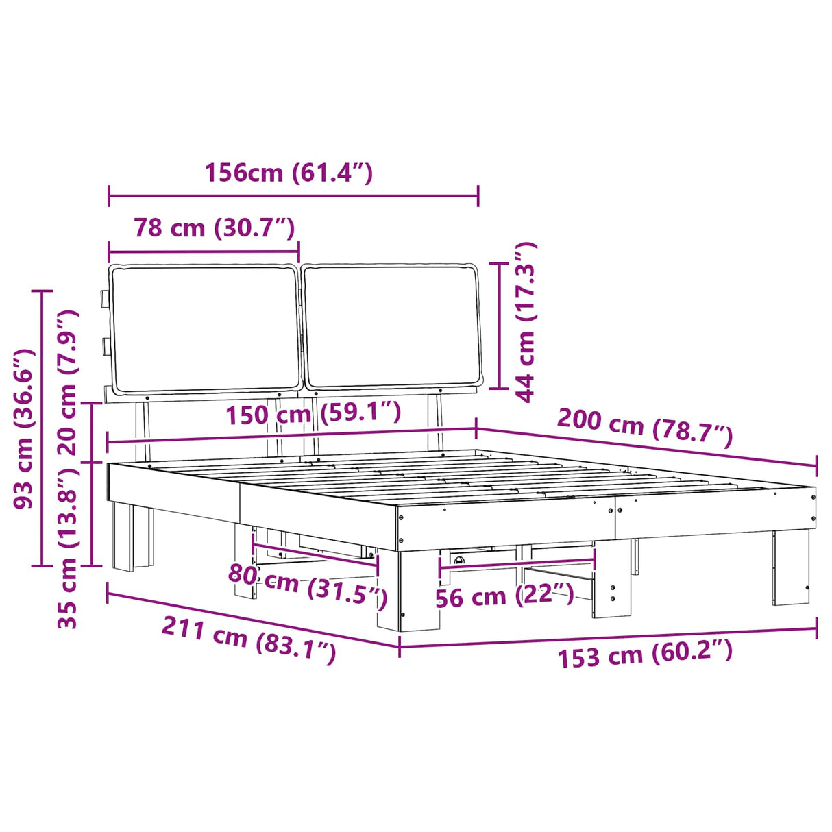 Bed Frame with Upholstered Headboard Dark Grey 150 x 200 cm