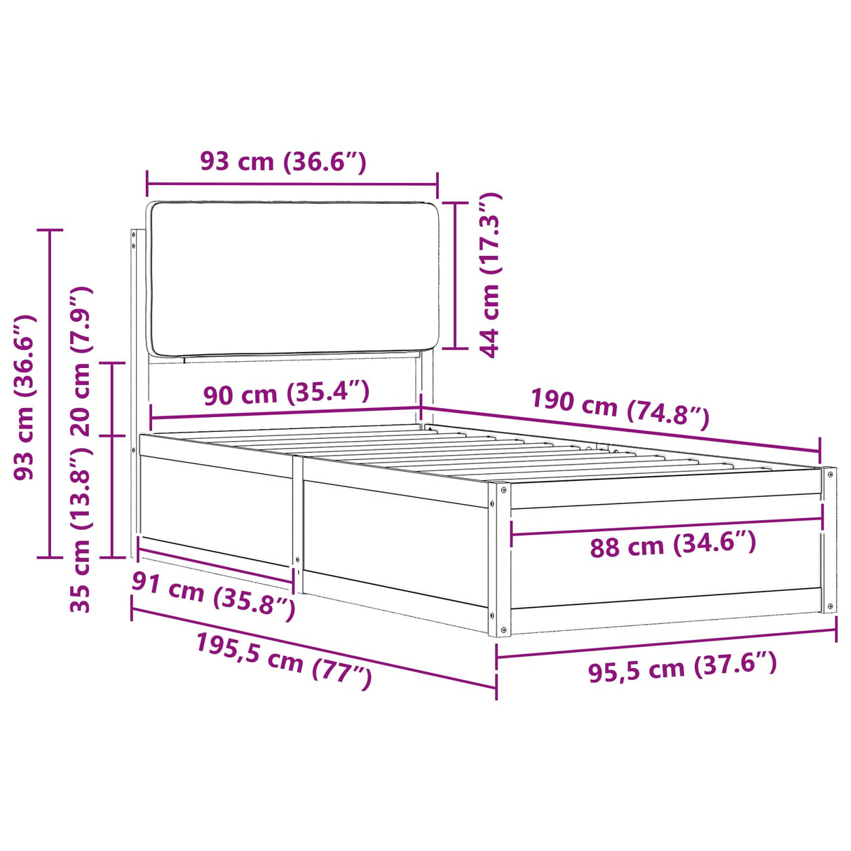 Bed Frame with Upholstered Headboard Dark Grey 90 x 190 cm