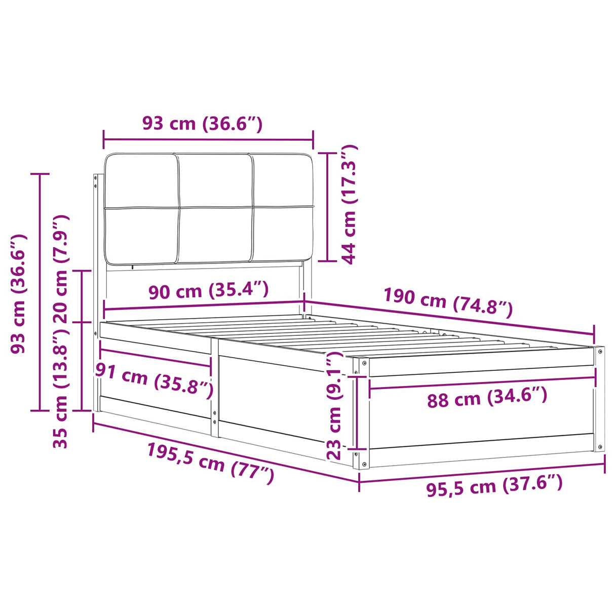 Bed Frame with Upholstered Headboard Dark Grey 90 x 190 cm