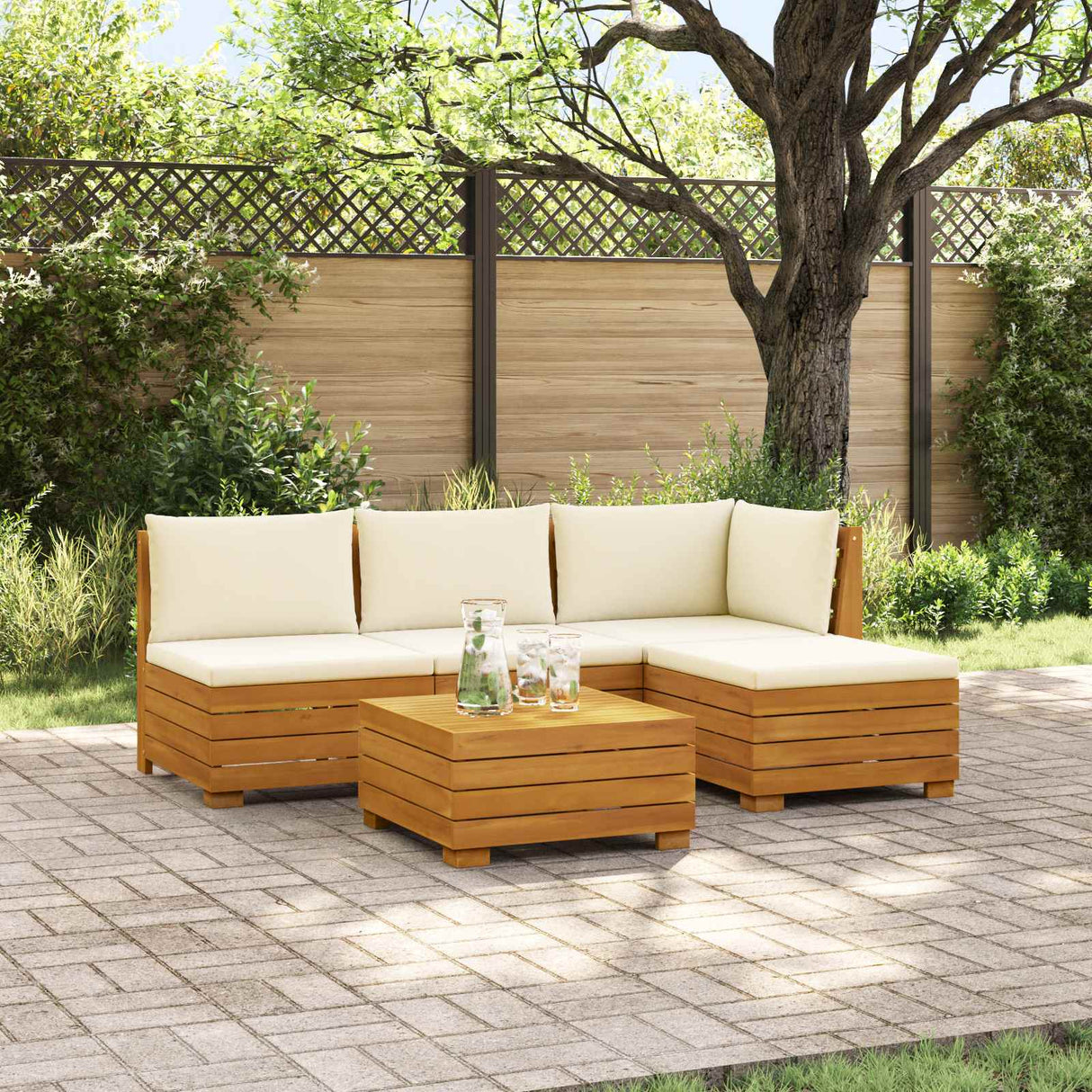 Outdoor Sofa Set with Cushion 5 Piece Brown Solid Acacia Wood