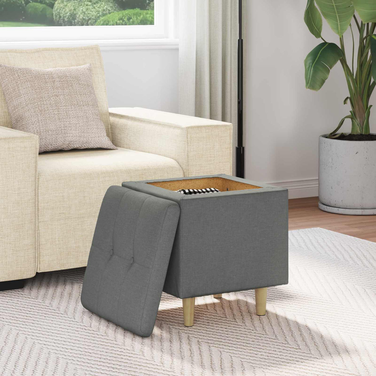 Storage Ottoman with Cushion Dark Grey 40 x 40 x 45 cm Fabric