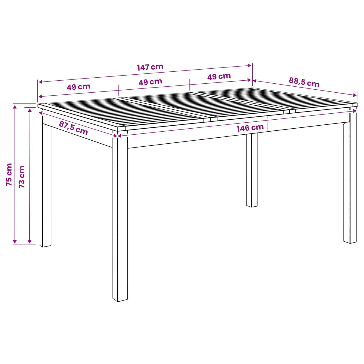 Garden Dinner Table Natural 147 x 88.5 x 75 cm