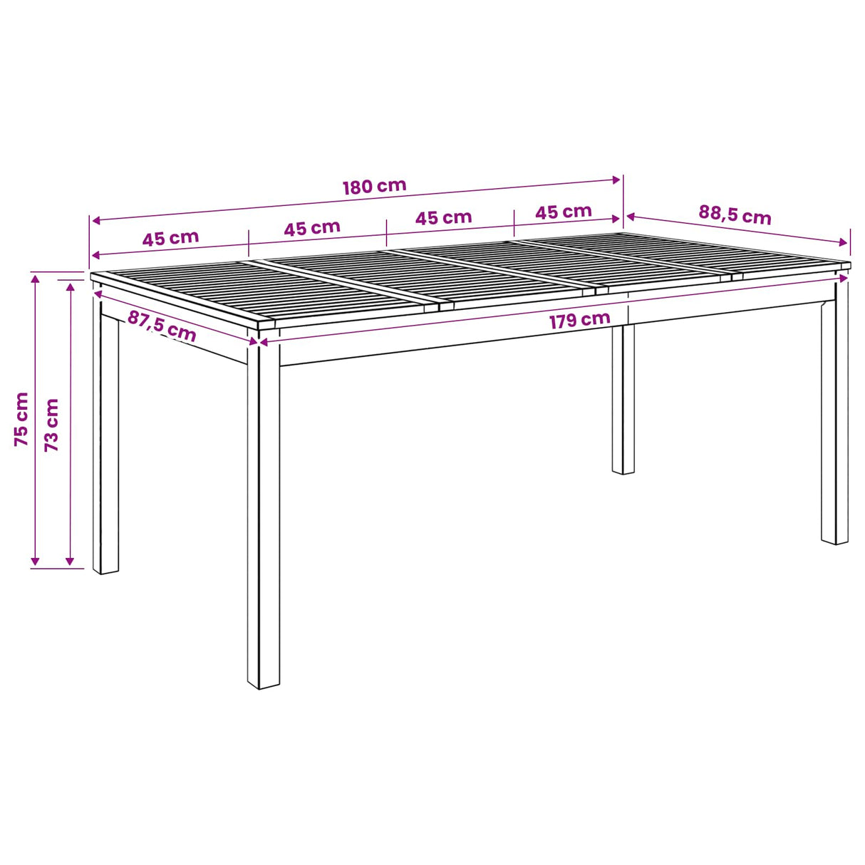 Garden Dinner Table Natural 180 x 88.5 x 75 cm
