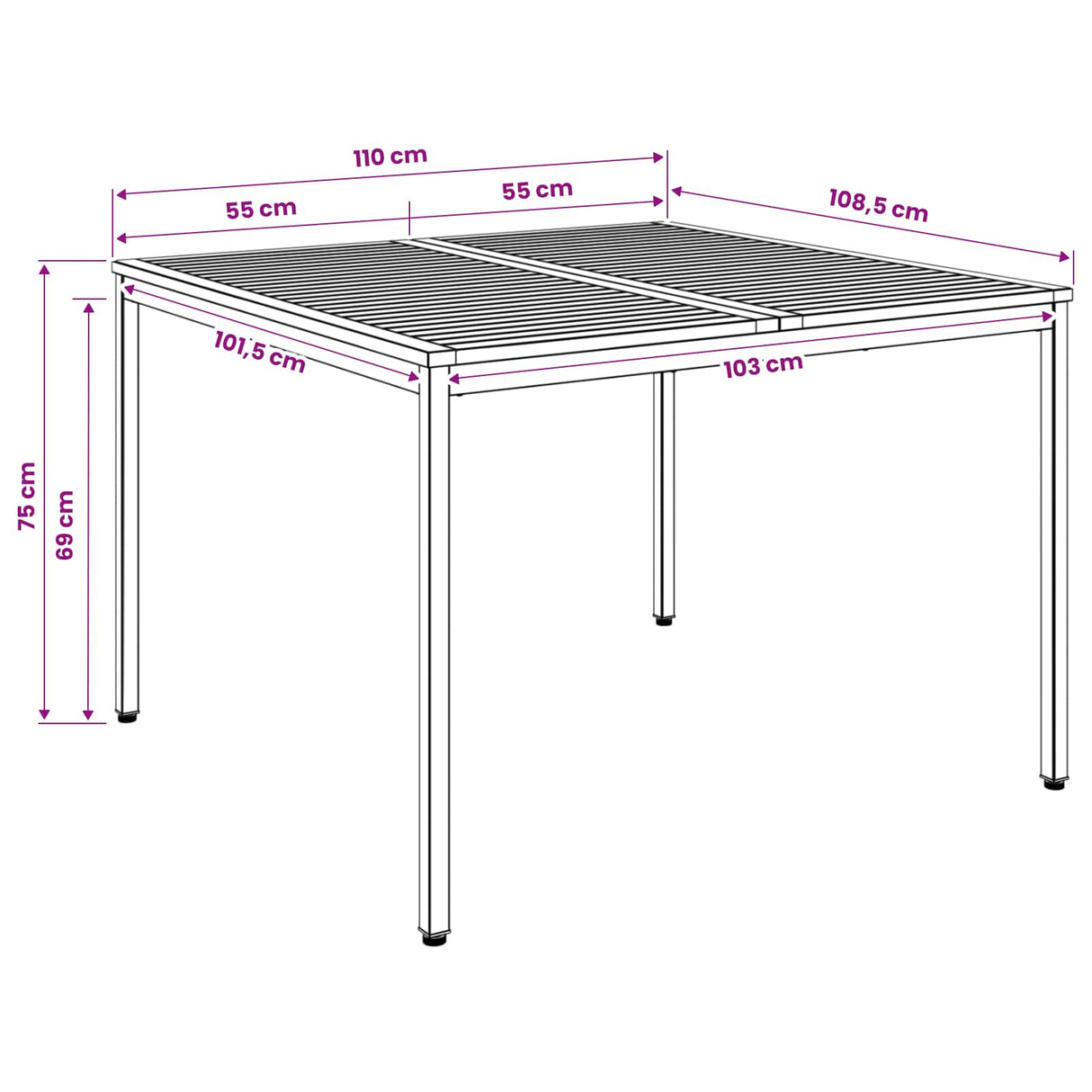 Garden Dinner Table Natural and Black 110 x 108.5 x 75 cm