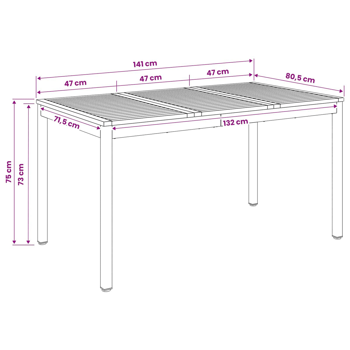 Garden Dinner Table Natural and Black 141 x 80.5 x 75 cm