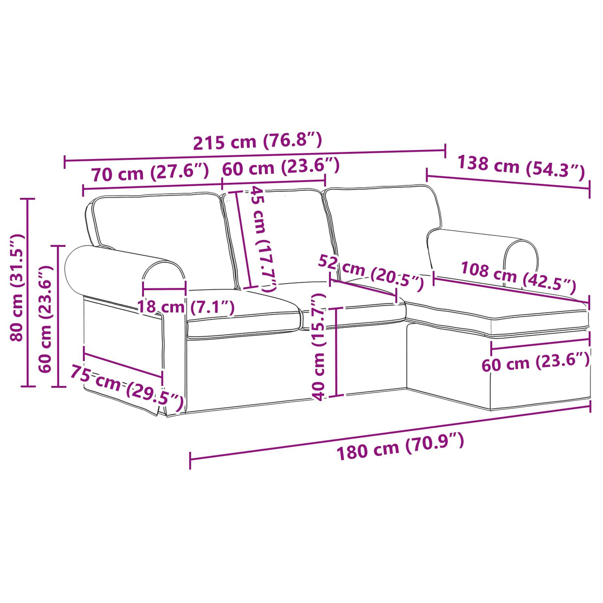 Sofa Black 215 x 138 x 80 cm Fabric
