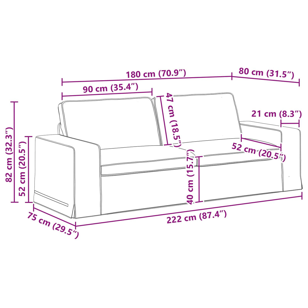 Sofa Black 222 x 80 x 82 cm Fabric