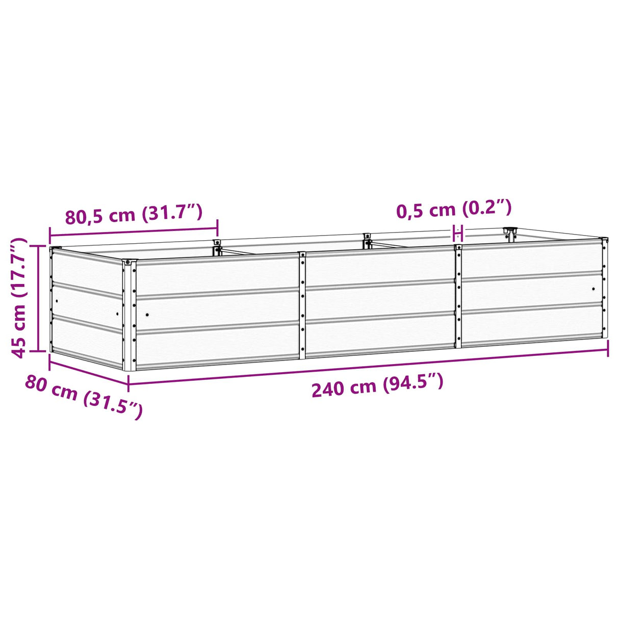 Planter Light Grey 240 x 80 x 45 cm Steel