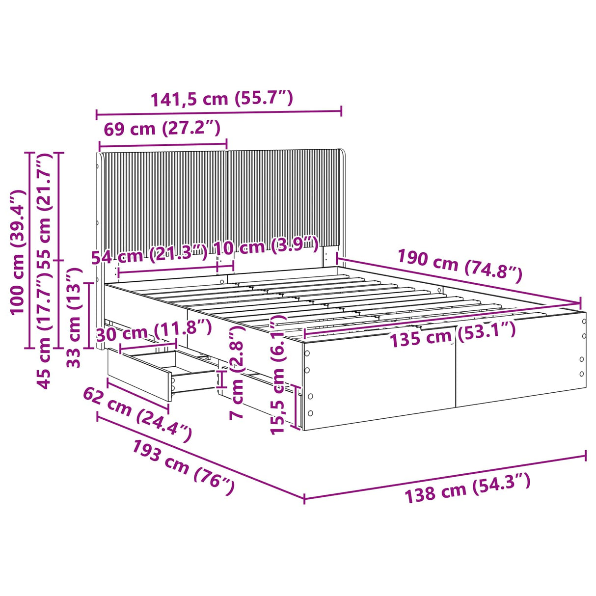 Bed Frame with Storage and Headboard Sonoma Oak 135 x 190 cm