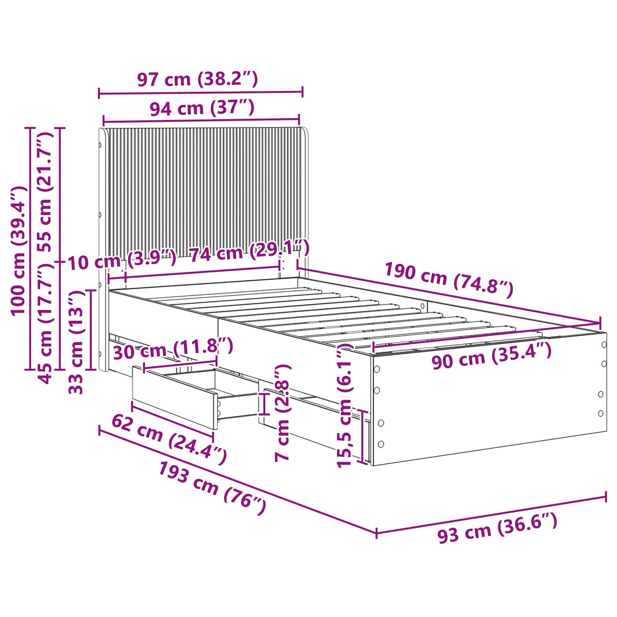 Bed Frame with Storage and Headboard Sonoma Oak 90 x 190 cm
