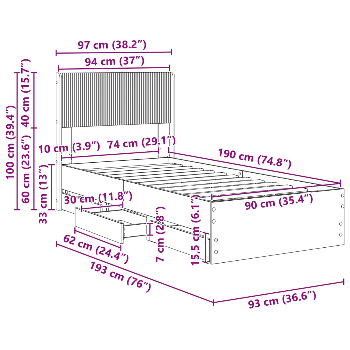 Bed Frame with Storage and Headboard Sonoma Oak 90 x 190 cm