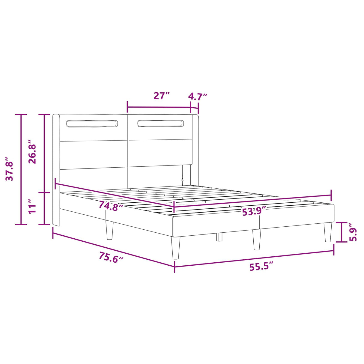 Bed Frame with LED Strip Lights with Headboard Faux Leather