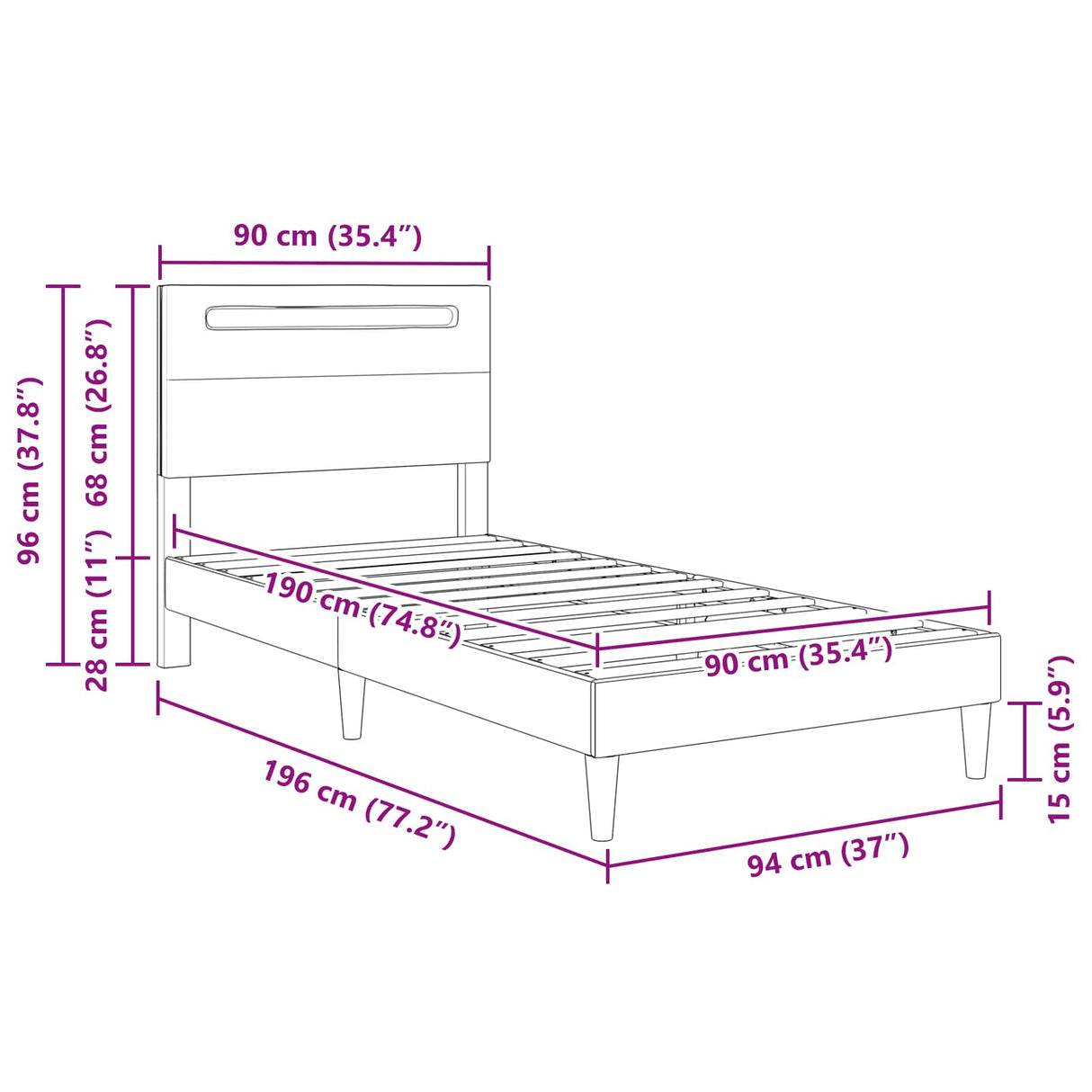 Bed Frame with LED Strip Lights Black 90 x 190 cm Faux Leather