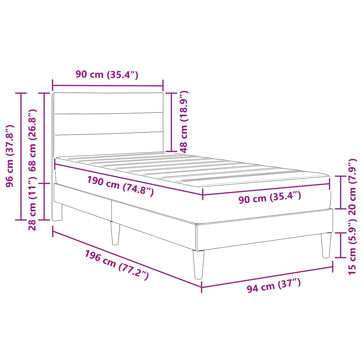Bed Frame with Mattress 2 pcs Dark Grey 90 x 190 cm Fabric