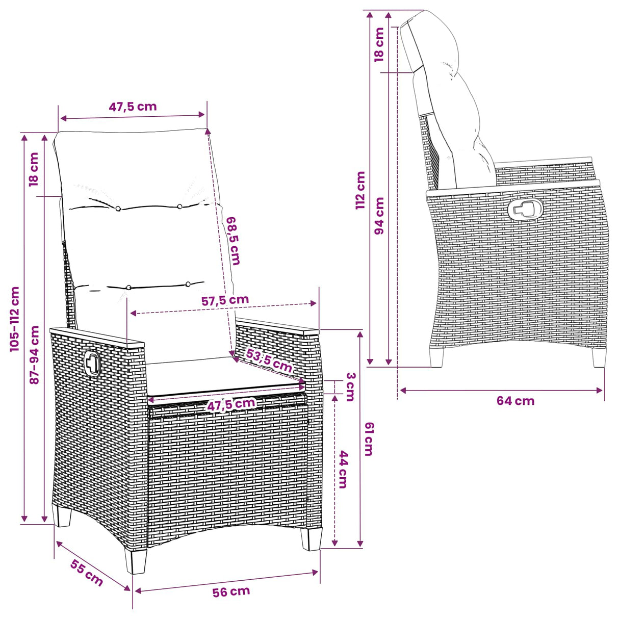 Reclining Garden Chair Beige and Cream 64 x 57.5 x 112 cm