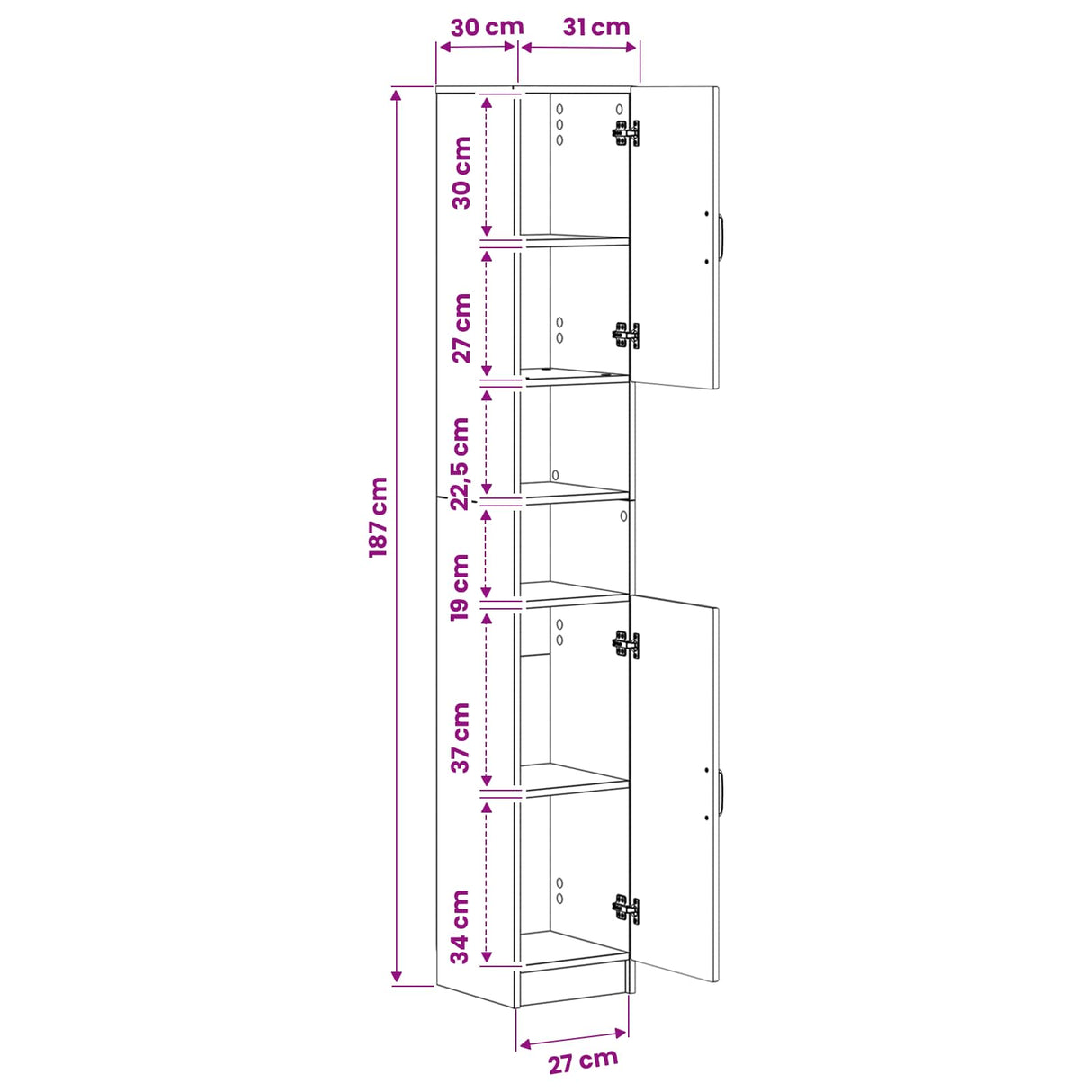 Bathroom Cabinet with Open Shelf UTRECHT White 30 x 31 x 187 cm