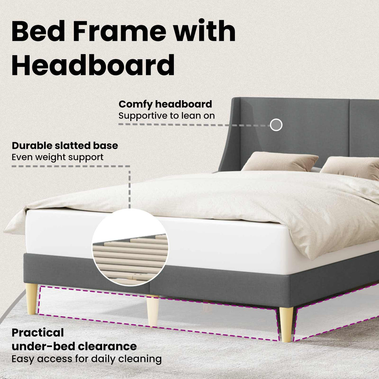 Bed Frame with Headboard Dark Grey 153 x 203 cm Fabric