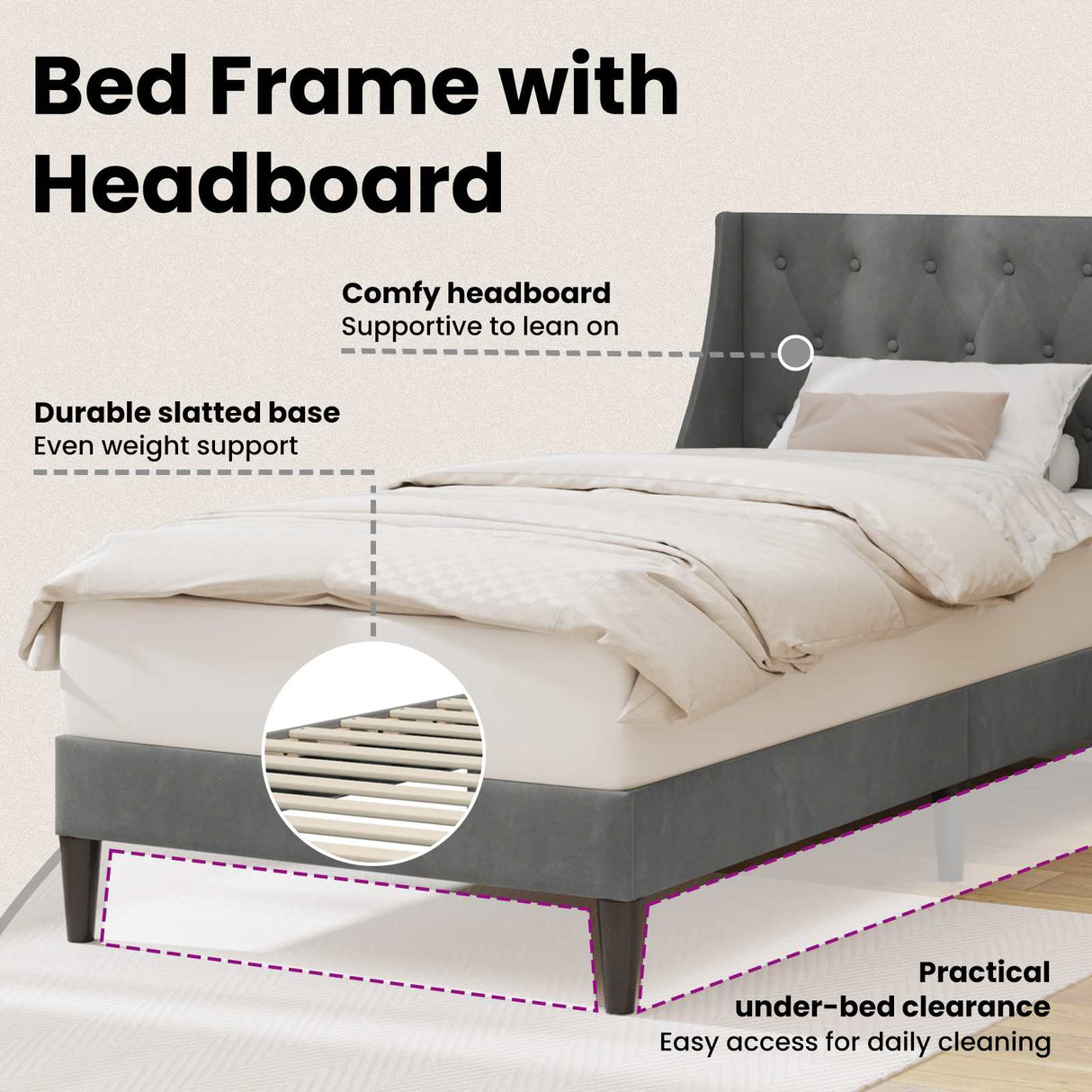 Bed Frame with Headboard Dark Grey connect plate