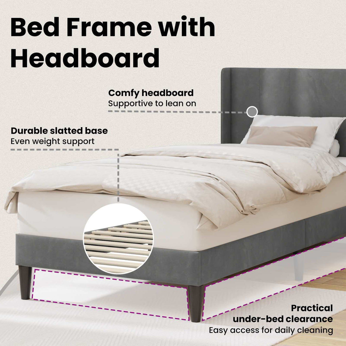 Bed Frame with Headboard Dark Grey 90 x 190 cm Velvet