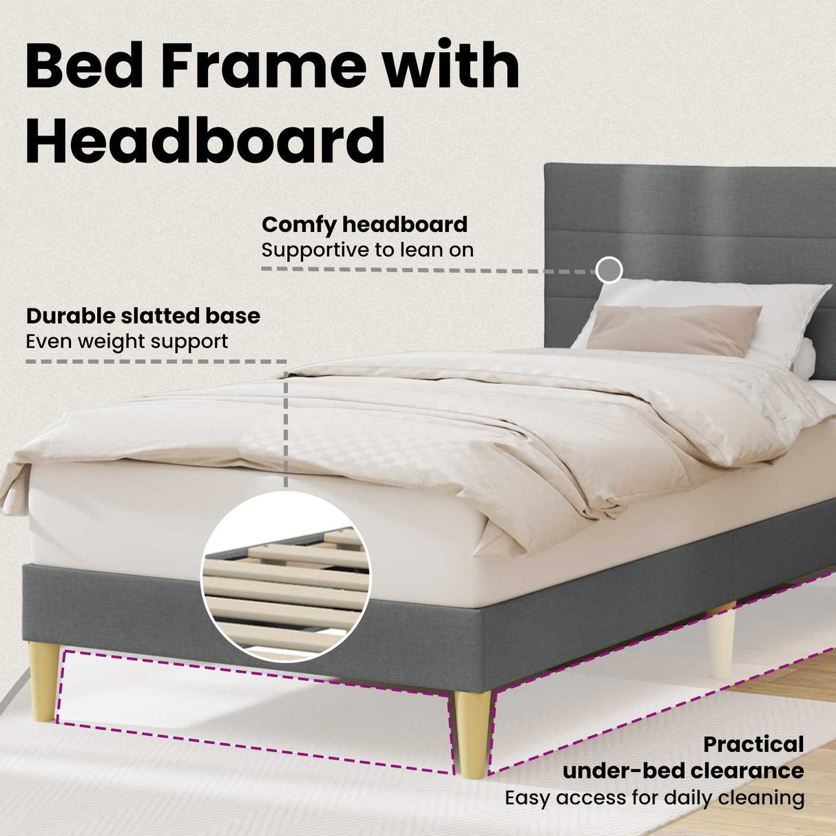 Bed Frame with Headboard Dark Grey 90 x 190 cm Fabric
