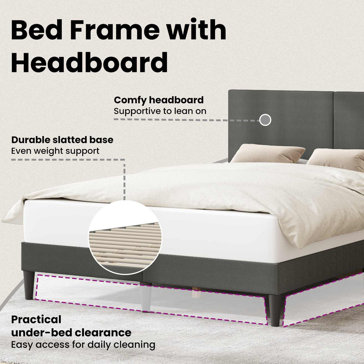 Bed Frame with Headboard Dark Grey 137 x 190 cm Corduroy Fabric