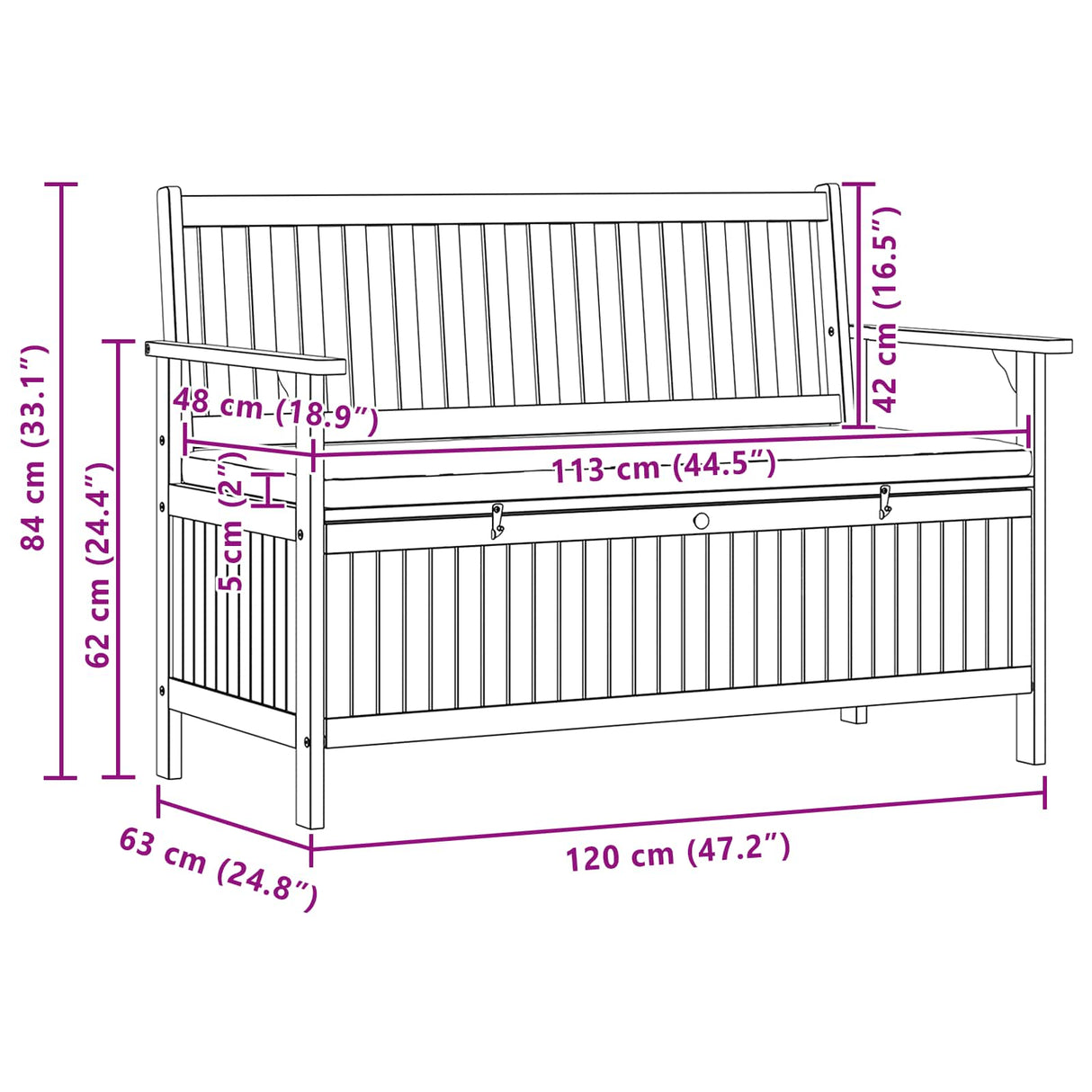 Storage Bench 2 -Seater 120 x 63 x 84 cm Rectangular