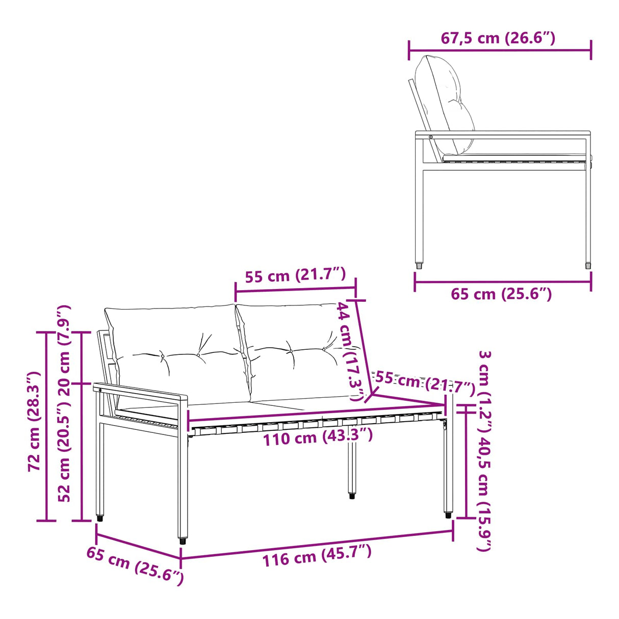 Outdoor Bench 2 -Seater 116 x 67.5 x 72 cm Poly Rattan