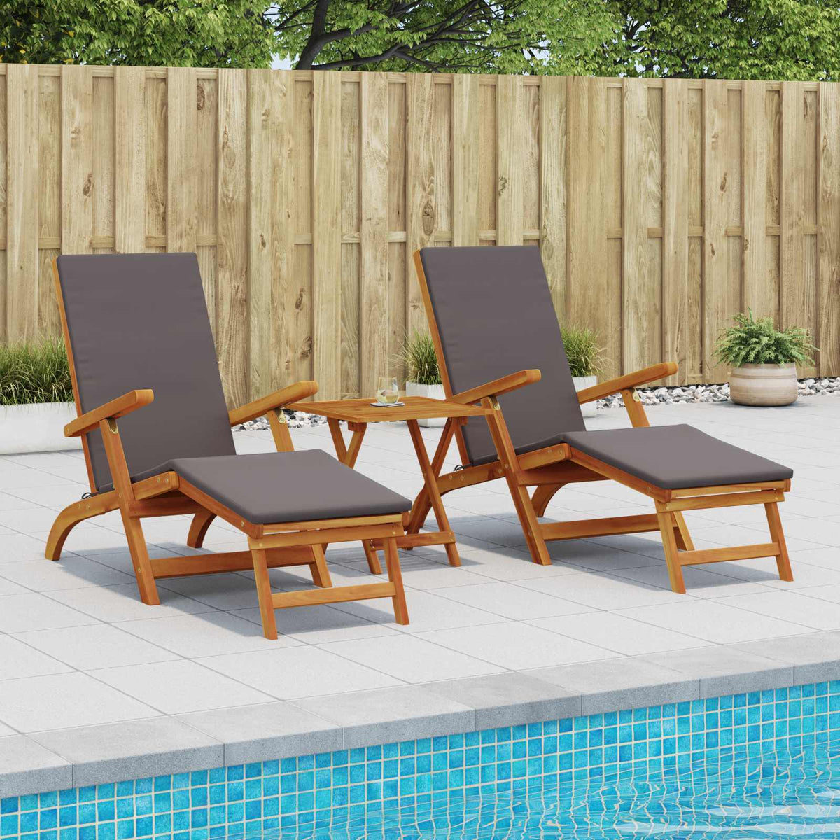 Reclining and Folding Sunlounger 3 pcs Solid Acacia Wood