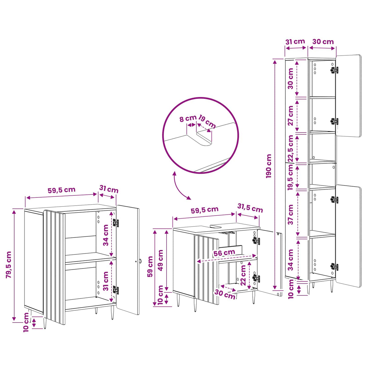 3 Piece Bathroom Cabinet Set ZWOLLE White Engineered Wood