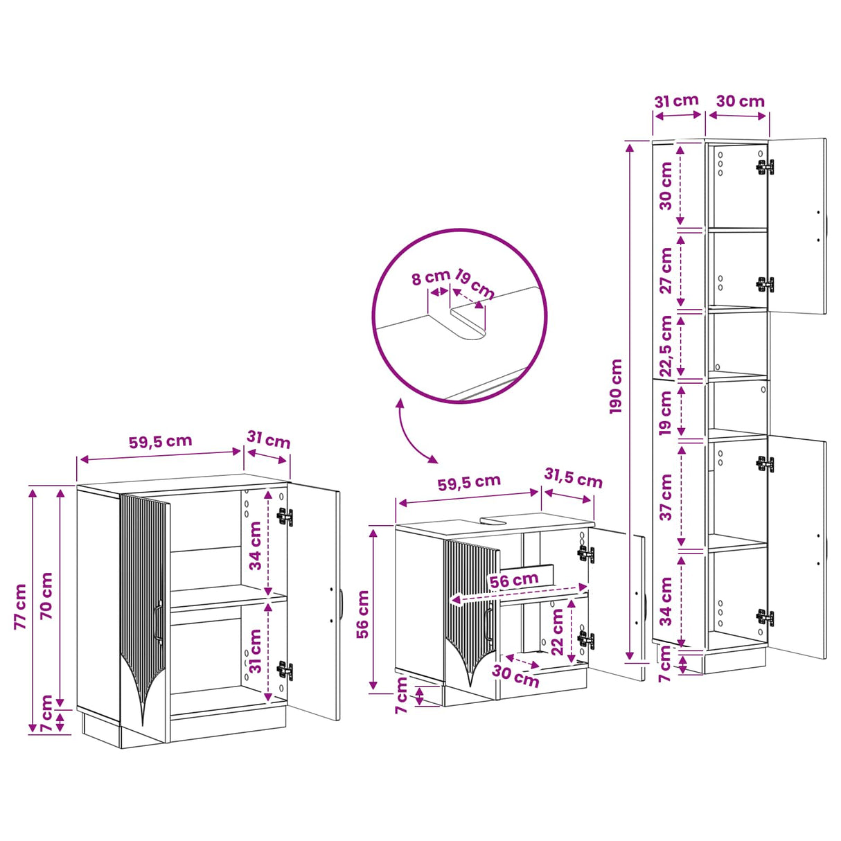 3 Piece Bathroom Cabinet Set HOORN White Engineered Wood