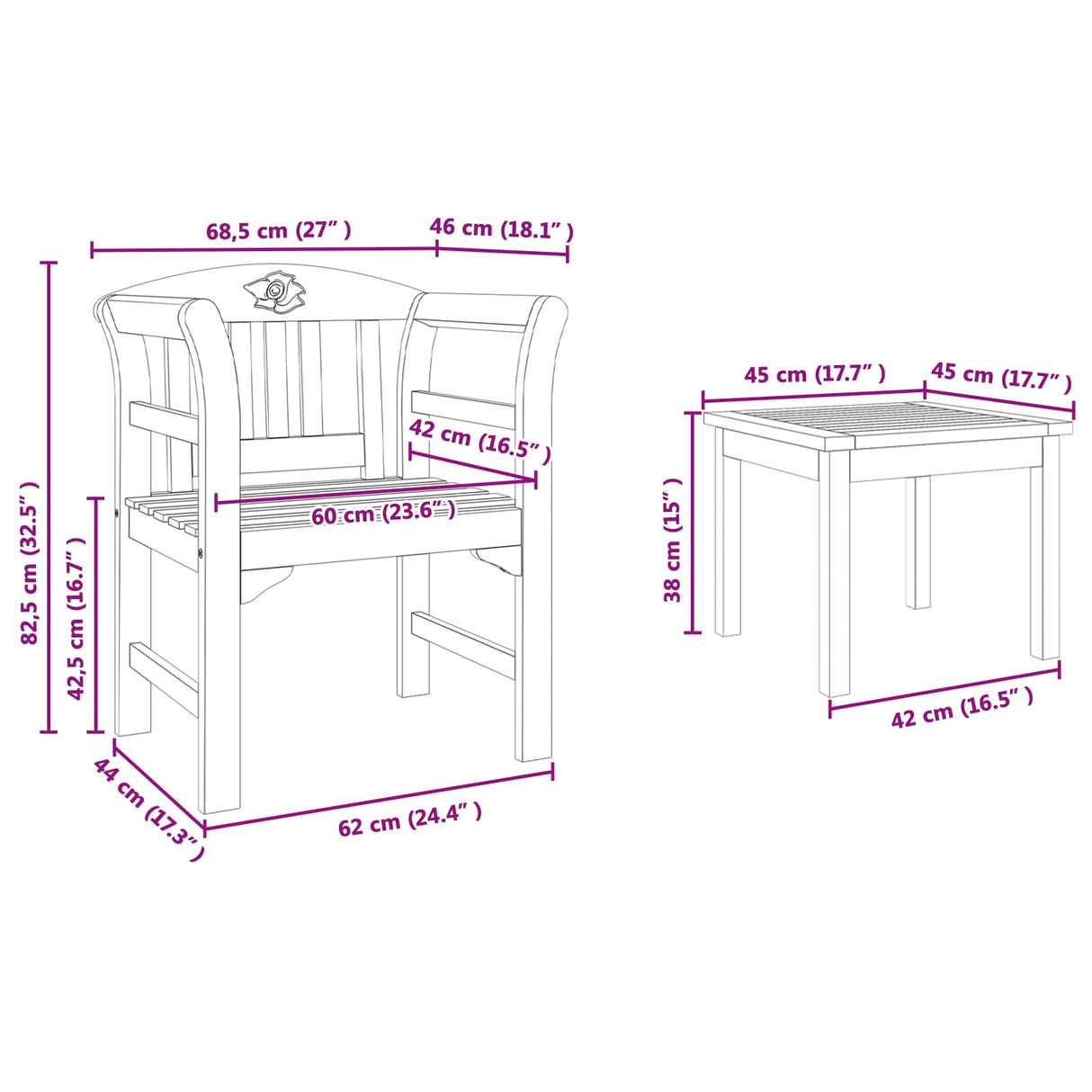 Garden Rose Lounge Set 3 pcs Solid Acacia Wood