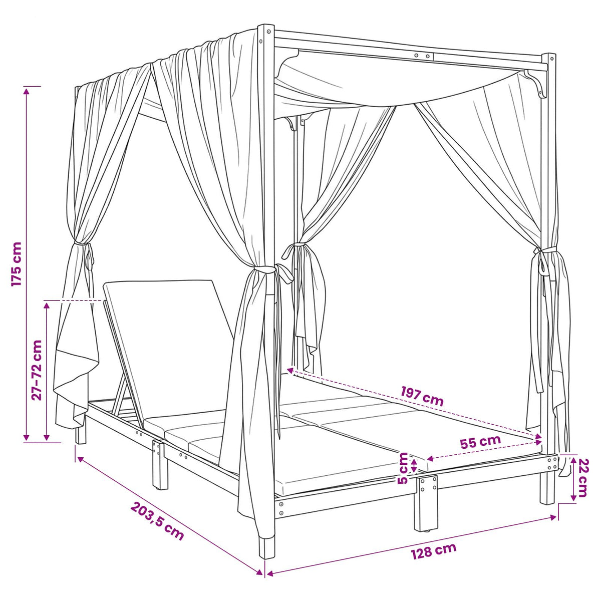 Double sun lounger with canopy and curtains Solid Acacia Wood