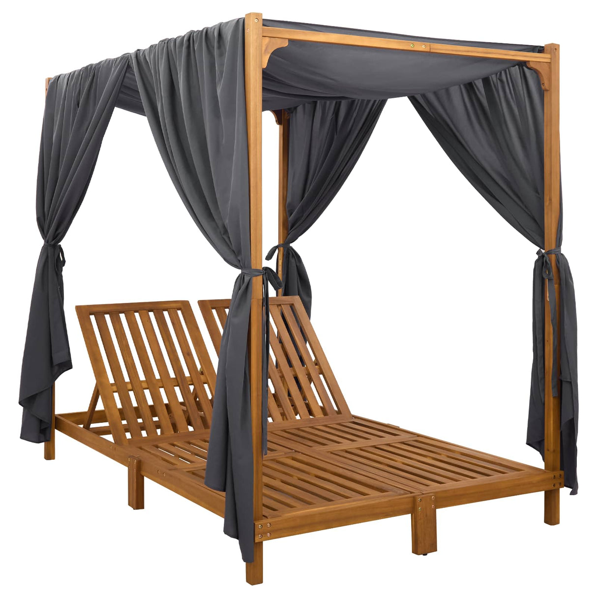 Double Sun Lounger with Canopy and Curtains Solid Acacia Wood