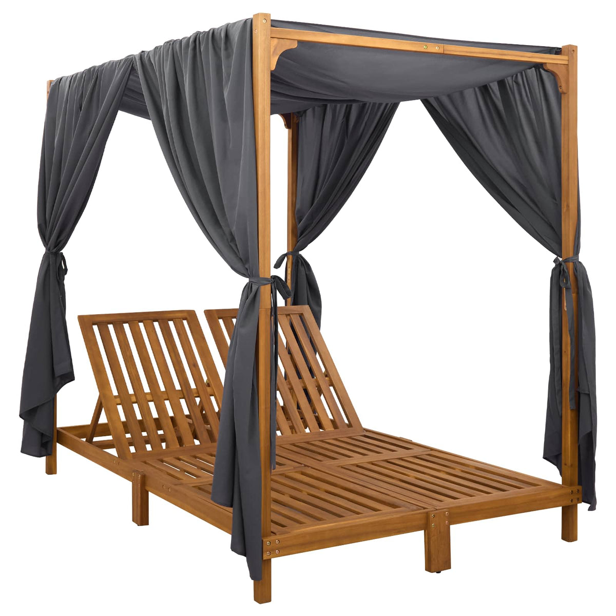 Double Sun Lounger with Canopy and Curtains Solid Acacia Wood