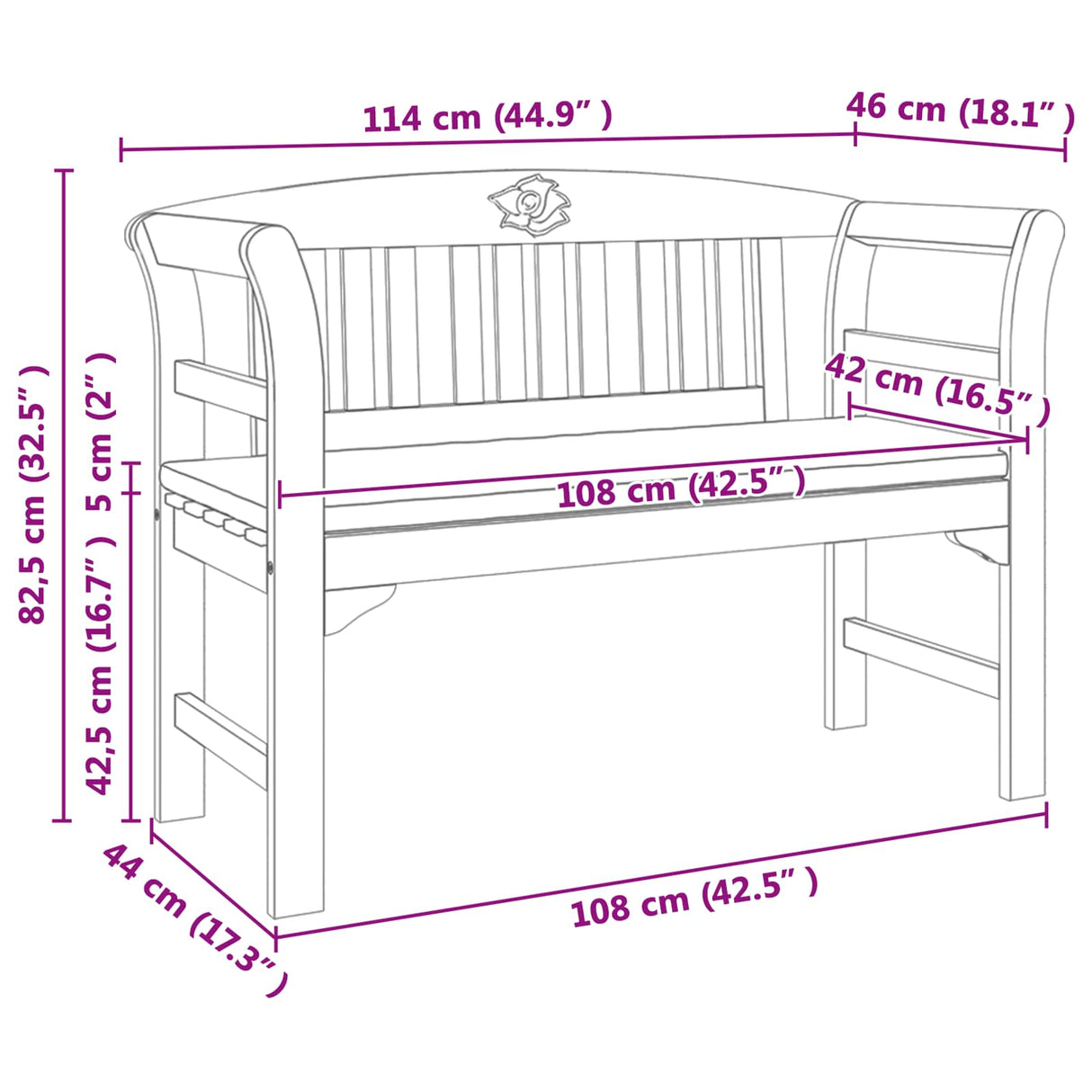 Rose Bench Natural 114 x 46 x 82.5 cm Solid Acacia Wood