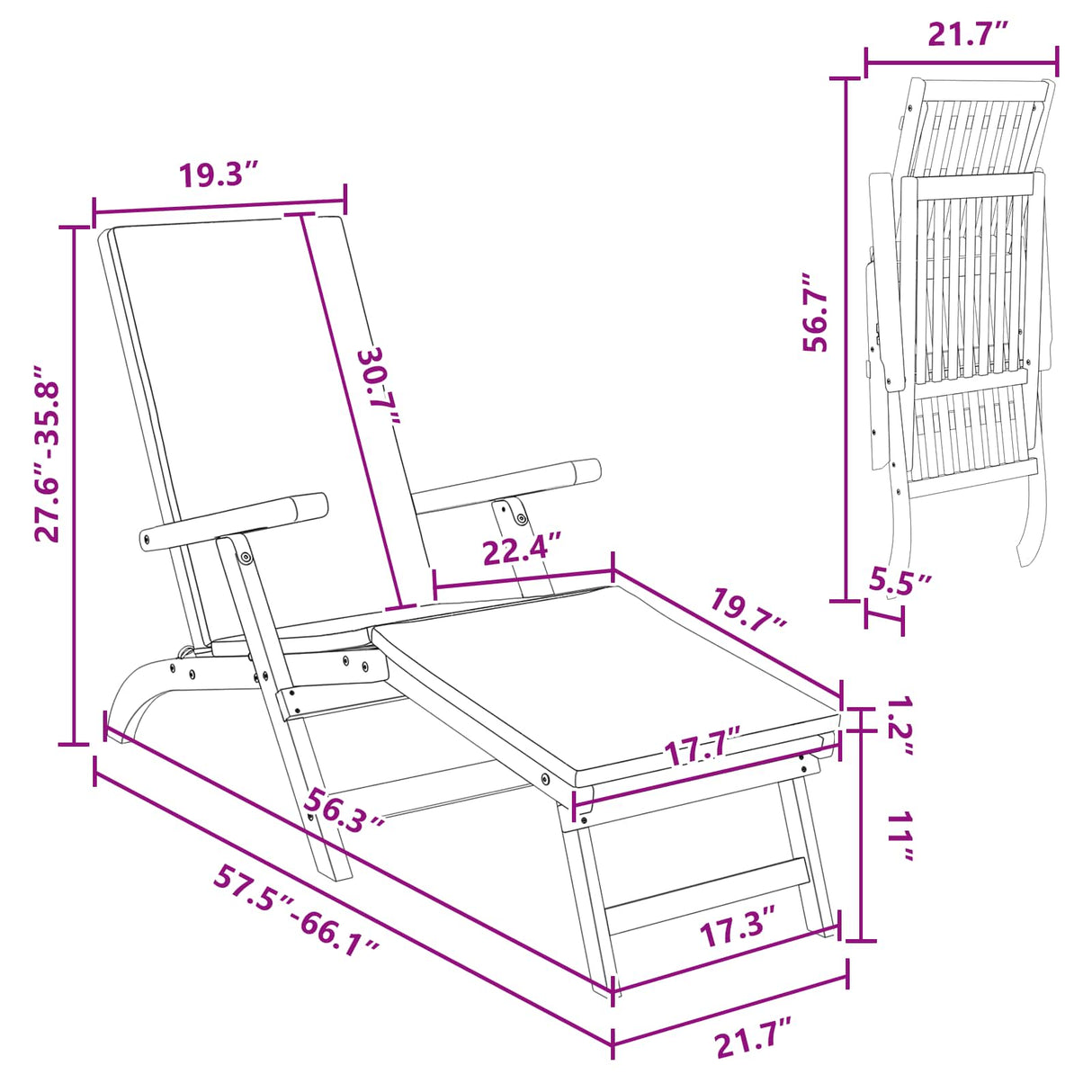 Reclining and Folding Sunlounger 55 x 146 x 91 cm